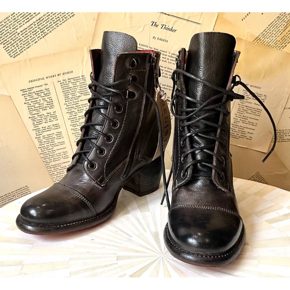 Free People Bed Stu Brooklyn Lace Up Ankle Boot Black Rustic Leather - Picture 9 of 10